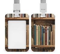 Books on The Bookshelf Badge Holder Waterproof Plastic ID Card Badge Holders with Lanyard Vertical Card Case Protector Pouch Clear Window Work Badges for Women Men