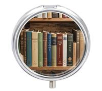 Books on The Bookshelf Pill Case Pill Box with 3 Compartments | Round Travel Pill Organizer Portable Pill Container for Pocket Purse Women Men Daily Use Vitamins Supplement Holder