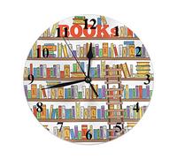 Books Shelves Wall Clock Ladder for Store Library Reading Club Stairway Round Clocks Wall Decorative Silent No Ticking 10 inch 25cm PVC Rustic Modern for Bedroom