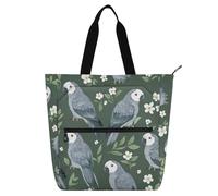 Books Tote Bags for Boys Girls Adults, Cartoon African Grey Parrot Sage Green Water-resistant Heavy Duty Teacher Tote Bag Library Bag for School Shopping Travel Rainbow