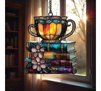 Bookshelf Acrylic Stained Glass Suncatcher, Colorful Window Hanging Ornament Outdoor Sun Catcher Panel, Books Tea Sun Catcher for Book Lovers, Bookish Library Gifts