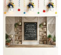 Bookshelf Backdrop, Educational Inspirational Globe Plants Learning Green Party Photo Backdrop for Indoor Outdoor Party Event Celebration Decor 71x43 Inch