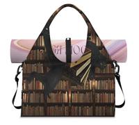 Bookshelf Black Cat Book Sports Duffle Bag with Shoe Compartment Weekend Overnight Bags Tote Cabin Luggage Bag for Gym Yoga Travel
