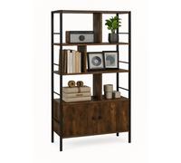 Relaxdays bookshelf, HWD: 154.5 x 74 x 30 cm, 3 open shelves, unit with lower cabinet, industrial, dark brown/black, Fibreboard, Steel, Stainless steel