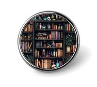 Bookshelf Books Skull Round Brooch Pins Badge Printed Button Tie Lapel Backpack Pin Decoration for Women Men