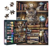 Bookshelf Cat Jigsaw Puzzle, 1000 Piece Puzzle for Adults, Library Jigsaw Puzzles, Animal Challenging Puzzles, Home Decoration Gift 27x20 inch