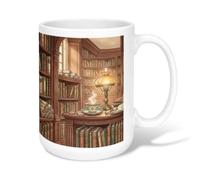 Bookshelf Ceramic Coffee Mug, Vintage Cozy Lamp Cup Autumn Brown Novelty Work Drinking Mugs with Handle Ideal for Friends Family Lovers Eldership Senior Co-Worker 15 Oz