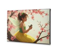 Bookshelf Decor A Fairy With Wings Holds A Bird Among Blooming Cherry Blossoms. Canvas Decorative Picture Bathroom Decorations Easter Decorations(30x40cm)