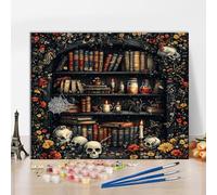 Bookshelf Paint by Numbers Kit for Beginner Witchs Library with Books Potions Skulls Spider Paint by Numbers for Adults Home Wall Decor Custom Art Canvas for Painting Drawing Without Frame 16x20 Inch