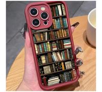 Bookshelf Phone Case, Bookshelf Pattern Soft Shockproof for iPhone Case, Vintage Bookcase-Style for iPhone Cas , For iPhon 13/14/15/16 Pro Max, For My Bookwarm (Red,11)
