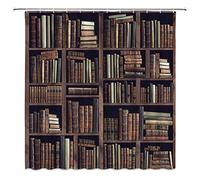 Bookshelf Shower Curtain Vintage Library Educational Ancient Books Brown Wooden Bookcase Retro Boho Antique Literature Classic Knowledge Culture Bibliophile Decor Fabric Bathroom Curtain with Hook