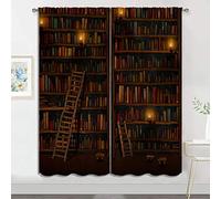 Bookshelf with Books Blackout Curtains, Boy Girls Bedroom Living Room Darkening Decor Vintage Library Art Painting Rod Pocket Thermal Insulated Window Curtain/Drapes, 63x63 Inch