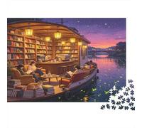 Bookstore Boat 1000 Piece Jigsaw Puzzle Paper for Adults Tranquil Riverside Night Scene Focus Relaxation Home Decor Gift Family 70x50cm/1000pcs