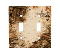 Bookstore Double Light Switch Cover Plate, Vintage Rustic Leaves Cat Fall Brown Plastic Standard Size Switch Plate Decorative for Bedroom Bathroom Kitchen Entrance Decor