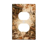 Bookstore Duplex Outlet Covers Wall Plate, Vintage Rustic Leaves Cat Fall Brown Plastic Standard Size Decorative Receptacle Outlet Covers for Bedroom Bathroom Kitchen Entrance Decor