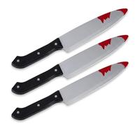 Boolavard [3 PACK] Halloween Slasher Knife Prop - 15" Realistic Bloody Butcher Knife Toy - Safe Plastic Costume Accessory for Michael Myers, Slasher & Zombie Outfits - Party 3-Piece Value Set