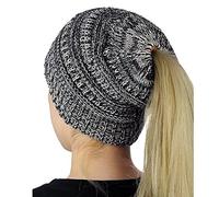 Boolavard BeanieTail Soft Stretch Cable Knit Messy High Bun Ponytail Beanie Hat (Black-White)