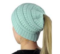 Boolavard BeanieTail Soft Stretch Cable Knit Messy High Bun Ponytail Beanie Hat (Blue)