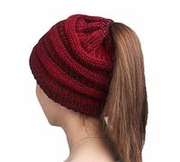 Boolavard BeanieTail Soft Stretch Cable Knit Messy High Bun Ponytail Beanie Hat (Red)
