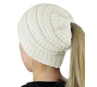 Boolavard BeanieTail Soft Stretch Cable Knit Messy High Bun Ponytail Beanie Hat (White)