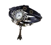Boolavard Women’s Vintage Eiffel Tower Wrap Watch - Bohemian Layered Bracelet Watch with Paris Pendant Charm, Adjustable Leather & Braided Strap, Retro Antique Bronze Design for Travelers & Fashion