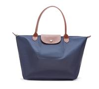 BOOM Prime Ladies Large Nylon Tote Shoulder Bag with Leather Handles - Foldable Shopper Handbag for Work, Travel & Everyday Use (Navy)