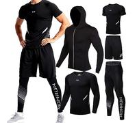 BOOMCOOL 5Pcs Gym Clothes Men Tracksuit Sets Running Wear Compression Shirts Sleeve Tops Jackets Long Suits Leggings Shorts Sports Activewear for Athletic Workouts-L