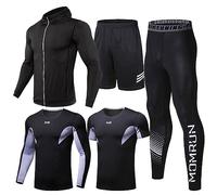 BOOMCOOL 5Pcs Gym Clothes Men Tracksuit Sets Running Wear Compression Shirts Sleeve Tops Jackets Long Suits Leggings Shorts Sports Activewear for Athletic Workouts-XL