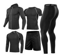 BOOMCOOL 5Pcs Gym Clothes Men Tracksuit Sets Running Wear Compression Shirts Sleeve Tops Jackets Long Suits Leggings Shorts Sports Activewear for Athletic Workouts-XL