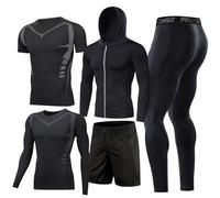 BOOMCOOL 5Pcs Gym Clothes Men Tracksuit Sets Running Wear Compression Shirts Sleeve Tops Jackets Long Suits Leggings Shorts Sports Activewear for Athletic Workouts-2XL