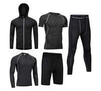 BOOMCOOL 5Pcs Gym Clothes Men Tracksuit Sets Running Wear Compression Shirts Sleeve Tops Jackets Long Suits Leggings Shorts Sports Activewear for Athletic Workouts-XL