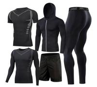 BOOMCOOL 5Pcs Gym Clothes Men Tracksuit Sets Running Wear Compression Shirts Sleeve Tops Jackets Long Suits Leggings Shorts Sports Activewear for Athletic Workouts-L