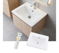 BoomHoze Bathroom Sink Plan 500 mm, White Ceramic Countertop Basin, 53x46x17 cm, 17 cm Bowl Depth, Wash Basin with Overflow, Stainless Steel Pop-up Drain, Pipe Kit, Furniture-Mounted