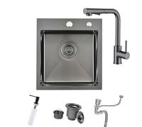BoomHoze Black Small Kitchen Sink, 40 x 45 cm Stainless Steel Kitchen Sink with Small Pull Out Faucet, Drop in Topmount Single Bowl with Basket Strainer Waste, Overflow Kit, Soap Dispenser, 1 Bowl
