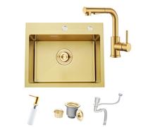 BoomHoze Gold Bar Drop in Kitchen Sink with Golden Faucet, 55 x 45 cm RV Small Stainless Steel 16 Gauge Topmount Small Sink, Single Bowl Gold Wet Bar Outdoor Campervan, Basin with Drain Strainer