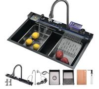 BoomHoze Smart Waterfall Kitchen Sink, 75x45cm, Temperature Display Stainless Steel Raindance Multifunctional Sink with Pull Out Faucet, Chopping Board, Glass Washer&Double Waterfall (Black)