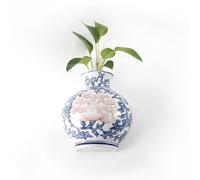 BOOMLATU 7.8" H Wall Mounted Blue and White Porcelain Vase with Red Flower Pattern,Ceramic Flower Vase Hanging Wall Vase for Plants Flower Home Decoration (Style A)