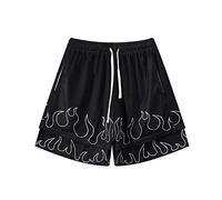 BOOMLEMON Men's Basketball Shorts Casual Workout Athletic Shorts Mesh Flame Graphic Print Running Short Pants, Double-layer Black, Medium