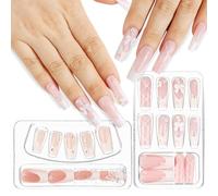 BOOMTOP 48Pcs French False Nails Medium Square White Tip Stick on Nails Butterfly Bow Coffin Press on Nails Ballet Fake Nail Tips with Glue for Women Girls Weddings Nail Art Accessories, Nude Pink