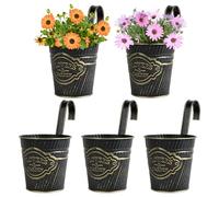 BOOMTOP 5Pcs Metal Hanging Flower Pots, Vintage Black Plant Pots Hanging Planters with Detachable Hook for Railing Fence Balcony Garden Home Decoration (Black, 10cm)