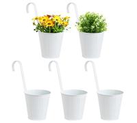 BOOMTOP 5Pcs Metal Hanging Flower Pots, White Grain Plant Pots Hanging Planters with Detachable Hook for Railing Fence Balcony Garden Home Decoration