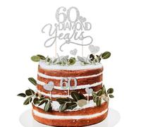 BOOMTOP 7Pcs 60 Diamond Years Cake Toppers Silver Glitter 60th Diamond Wedding Anniversary Birthday Cake Toppers Heart Cake Decoration for 60th Celebration Party Supplies