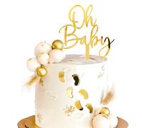 BOOMTOP 7Pcs Baby Shower Cake Toppers, 1Pc Oh Baby Cake Topper + 6Pcs Footprints Cake Toppers Acrylic Gold for Boys or Girls Baby Shower Christening Gender Reveal Party Cake Decorations