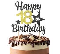 BOOMTOP Happy 18th Birthday Cake Topper Black Gold Glitter 18th Cake Decorations Eighteen Years Old Birthday Party Supplies for Boys and Girls