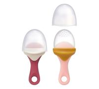 Boon Pulp Silicone Baby Fruit Feeder - Soft Silicone Baby Feeding Set - Fruit and Vegetable Baby Led Weaning Supplies - Baby Feeding Essentials - Orange/Mauve and White/Mauve- 2 Count