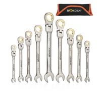 BOOSDEN 9-Piece Flex-Head Ratcheting Wrench Set, SAE 1/4-3/4" Ratchet Combination Wrench Set with 180° Pivoting Head & Roll-Up Pouch, High-Carbon Steel Wrenches for Auto Repair, Mechanics, Household
