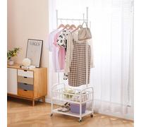 BOOSDEN Double Deck Clothes Rack with Wheels, Heavy Duty Metal Garment Racks, Rolling Clothing Rack with Storage Basket, Clothes Hanger Racks for Hanging Coats, Shirts, Dress, Shoes, Bags (White)