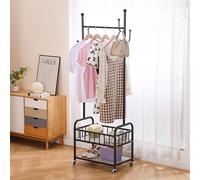 BOOSDEN Portable Clothes Rack on Wheels, Clothing Racks for Hanging Clothes, Rolling Garment Rack with 2 Storage Shelves and 4 Hooks, Sturdy Freestanding Metal Cloth Rack for Small Space (Black)