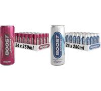 Boost Energy Drink, 250ml x 48 pack, (24 x Cherry & 24 x Original Sugar Free) - Vegan Friendly Great Tasting Energy Boost, Only 50 kcals per can
