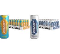 Boost Energy Drink, 250ml x 48 pack, (24 x Mango and 24 x Original Sugar Free) - Vegan Friendly Great Tasting Energy Boost, Only 50 kcals per can